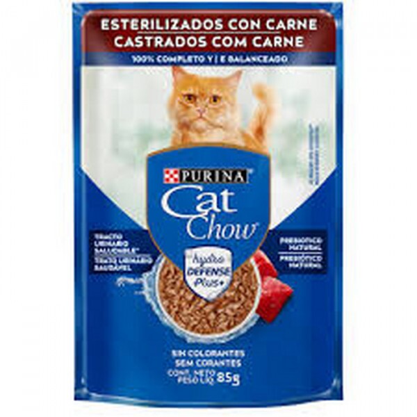 Ração Úmida Cat Chow para Gatos Adultos Castrados Sabor Carne 85g