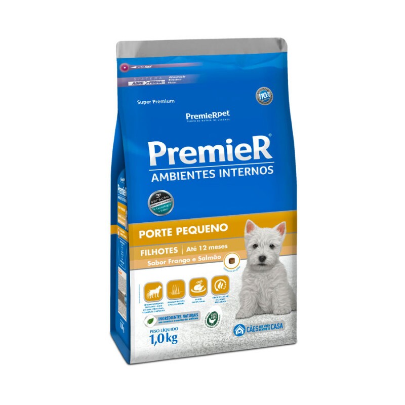 Ração Premier para Cães Filhotes de Raças Pequenas Ambientes Internos Sabor Frango e Salmão 1KG
