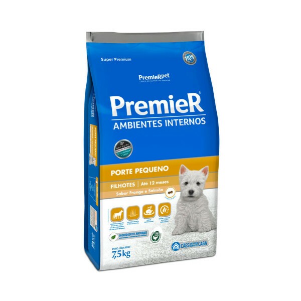 Ração Premier para Cães Filhotes de Raças Pequenas Ambientes Internos Sabor Frango e Salmão 7,5KG