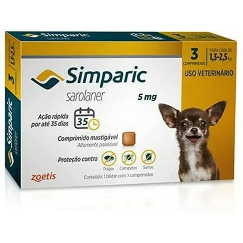 Antipulgas Simparic 5 mg para cães 1,3 a 2,5 kg 3 comprimidos - Zoetis