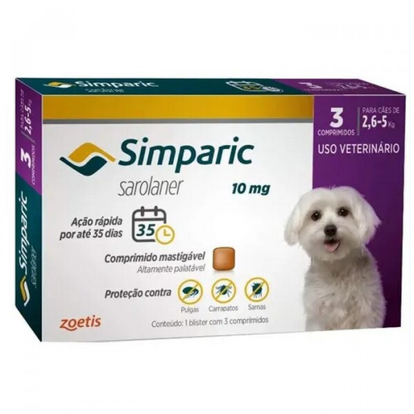 Antipulgas Simparic 10 mg para cães 2,6 a 5 kg 3 comprimidos - Zoetis