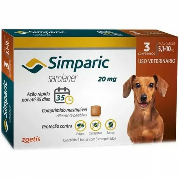 Antipulgas Simparic 20 mg para cães 5,1 a 10 kg 3 comprimidos - Zoetis
