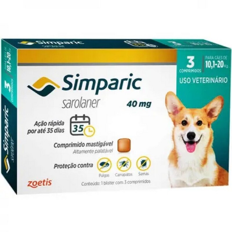 Antipulgas Simparic 40 mg para cães 10,1 a 20 kg 3 comprimidos - Zoetis