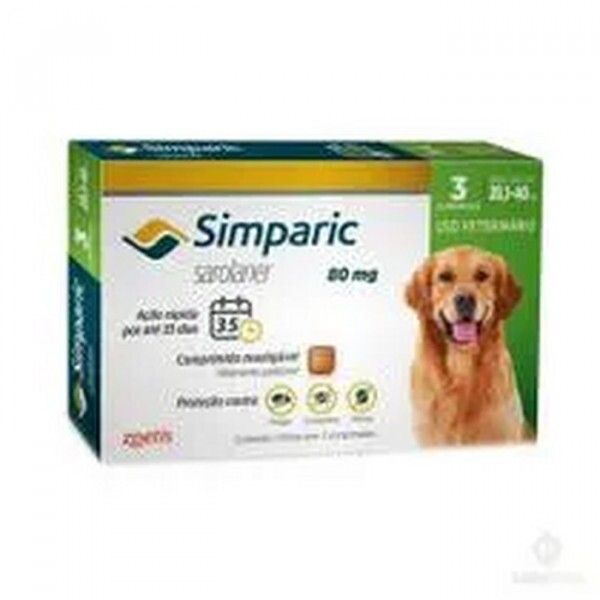 Antipulgas Simparic 80 mg para cães 20,1 a 40 kg 3 comprimidos - Zoetis