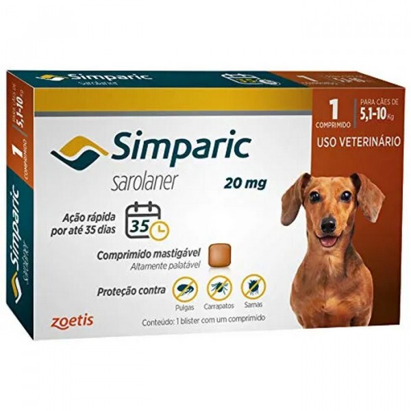 Antipulgas Simparic 20 mg para cães 5,1 a 10 kg 1 comprimido - Zoetis