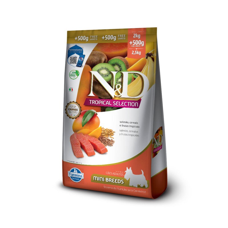 Ração Farmina N&D Tropical Selection para Cães Adultos de Porte Mini Sabor Salmão, Cereais e Frutas Tropicais 2kg + 500g