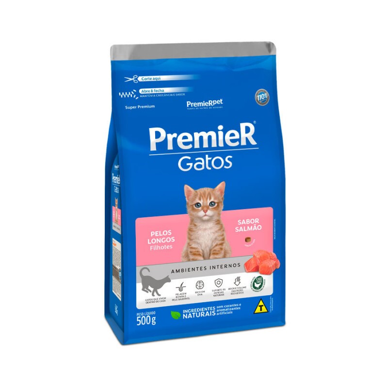 Ração Premier Ambientes Internos Pelos Longos para Gatos Filhotes Sabor Salmão 500G