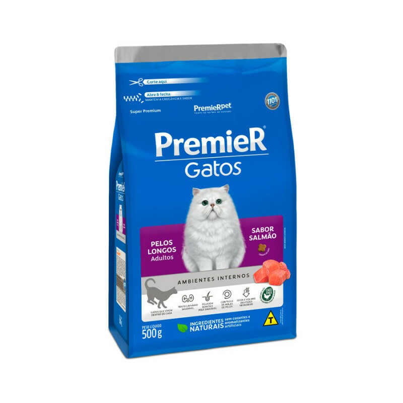 Ração Premier Ambientes Internos Pelos Longos para Gatos Adultos Sabor Salmão 500G