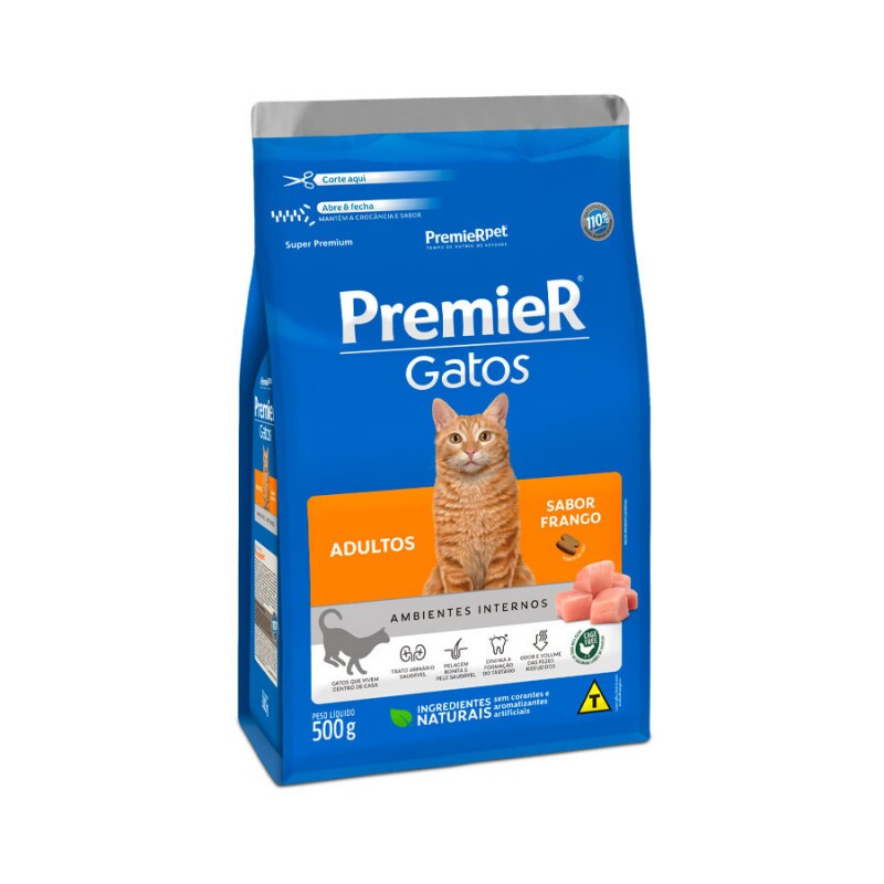 Ração Premier Ambientes Internos para Gatos Adultos Sabor Frango 500G