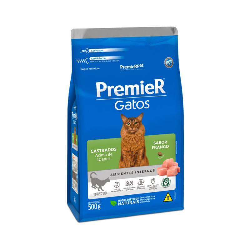 Ração Premier Ambientes Internos para Gatos Adultos Castrados 12+ Sabor Frango 500G