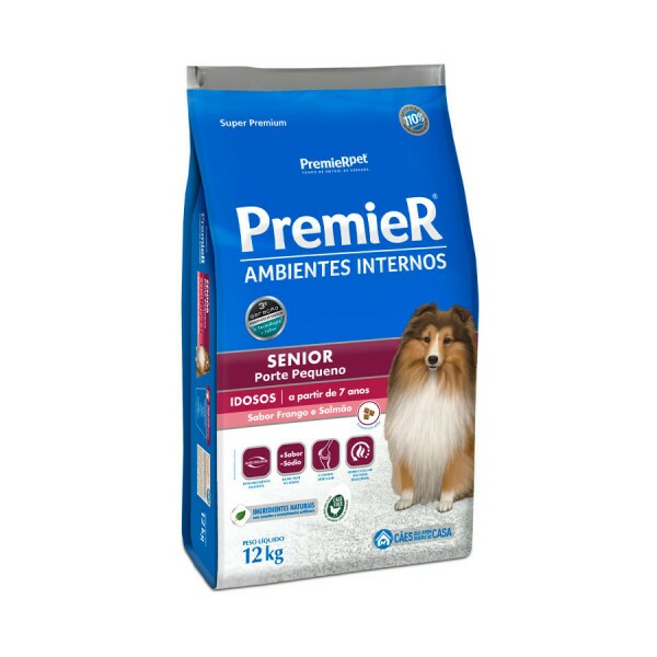 Ração Premier Senior Ambientes Internos para Cães Adultos 7+ Sabor Frango e Salmão 12KG.