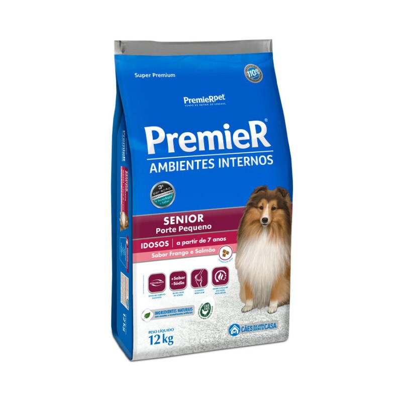 Ração Premier Senior Ambientes Internos para Cães Adultos 7+ Sabor Frango e Salmão 12KG.