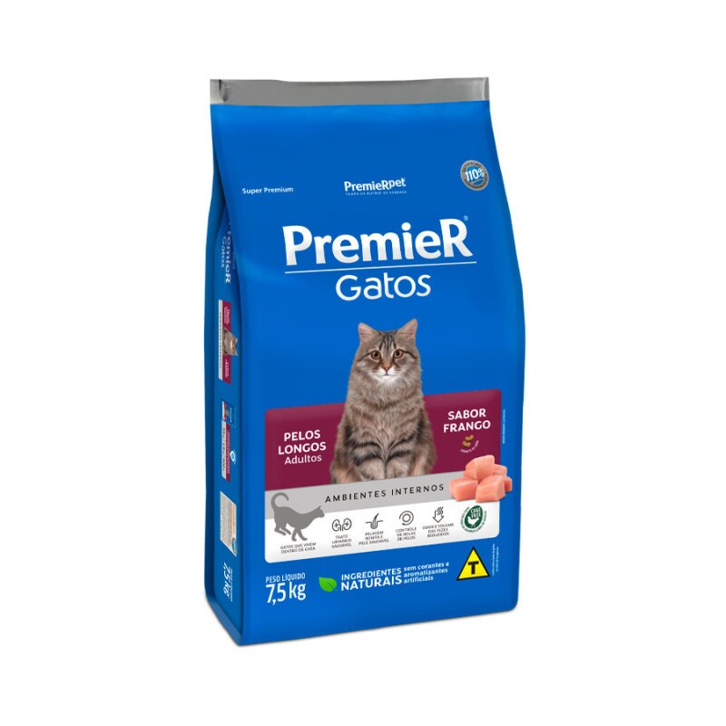 Ração Premier Ambientes Internos Pelos Longos para Gatos Adultos Sabor Frango 7,5KG
