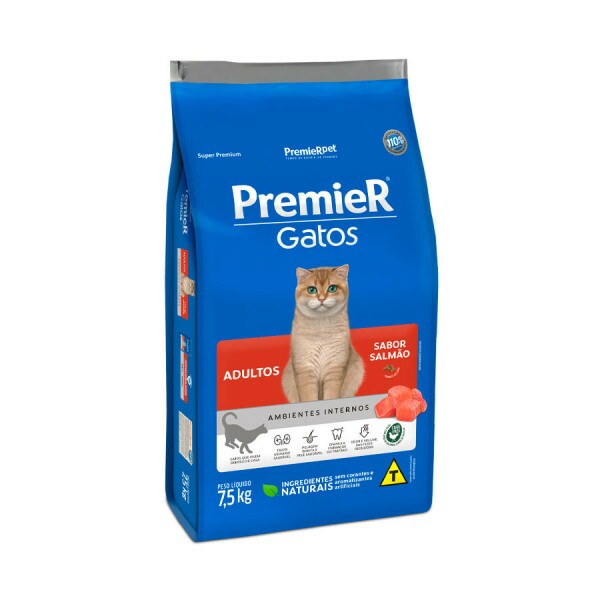 Ração Premier Ambientes Internos para Gatos Adultos Sabor Salmão 7,5KG