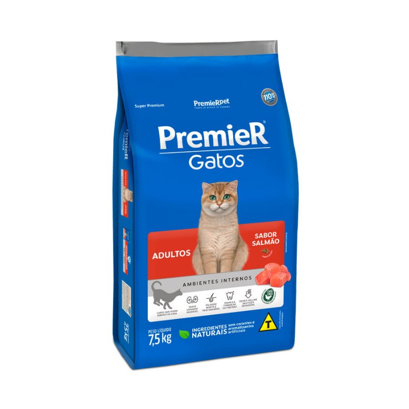 Ração Premier Ambientes Internos para Gatos Adultos Sabor Salmão 7,5KG