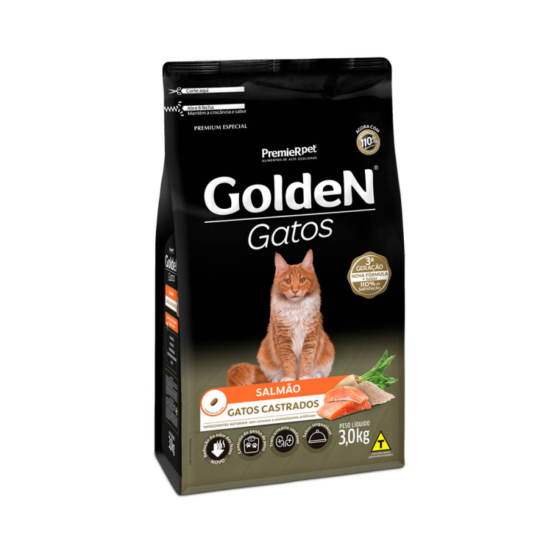 Ração Golden para Gatos Adultos Castrados Sabor Salmão 3KG