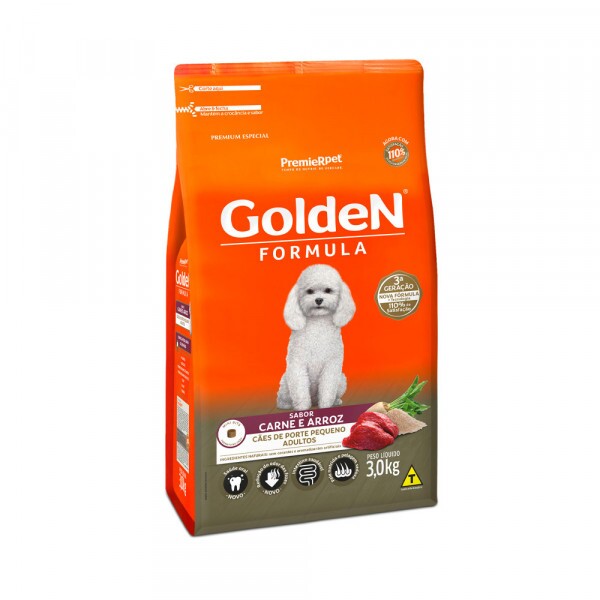 Ração Golden Fórmula Mini Bits Para Cães Adultos de Porte Pequeno Sabor Carne e Arroz 3KG