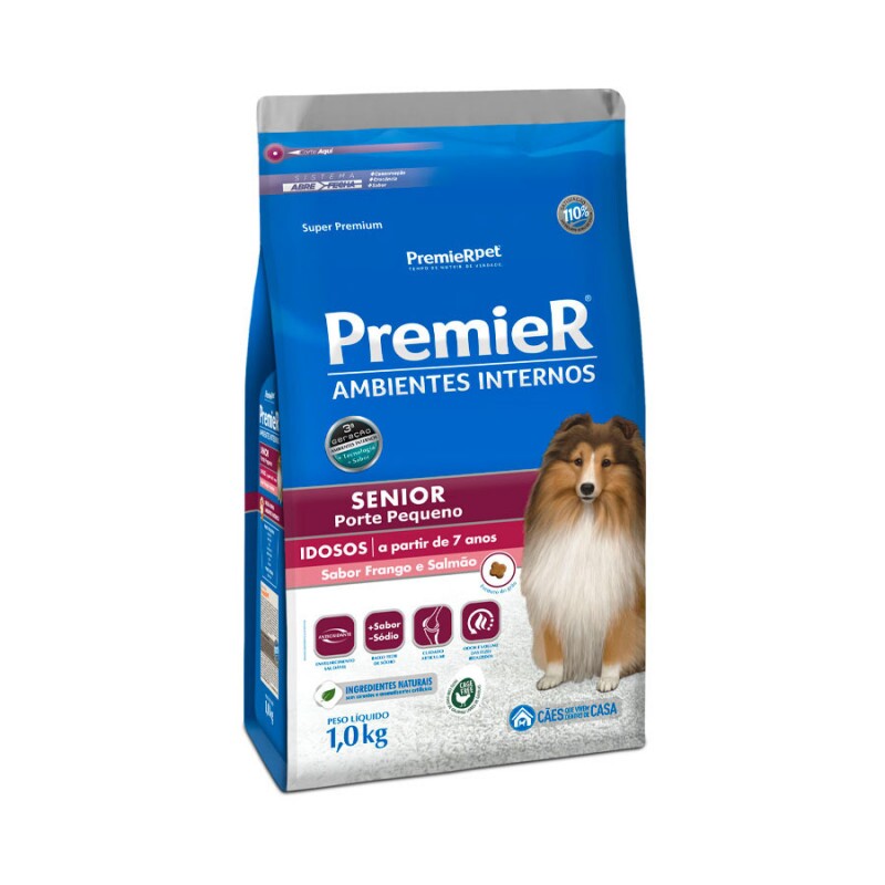 Ração Premier Senior Ambientes Internos para Cães Adultos 7+ Sabor Frango e Salmão 1KG