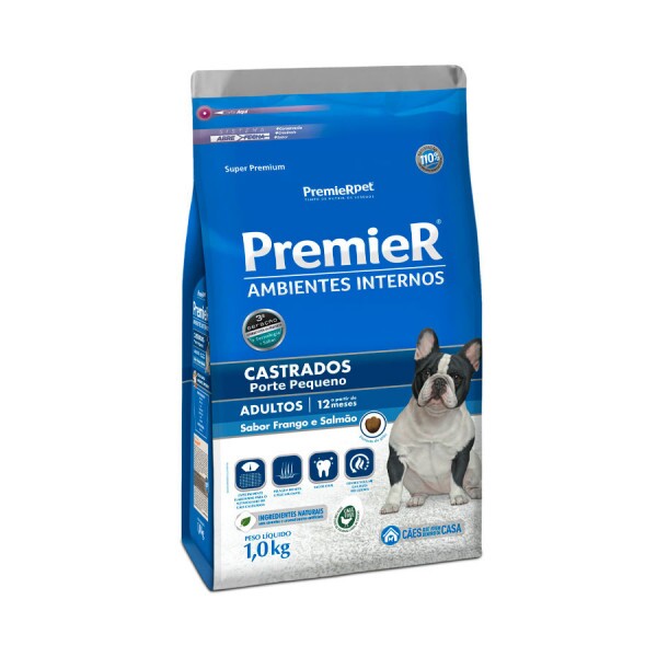 Ração Premier Ambientes Internos para Cães Adultos Castrados Sabor Frango e Salmão 1KG