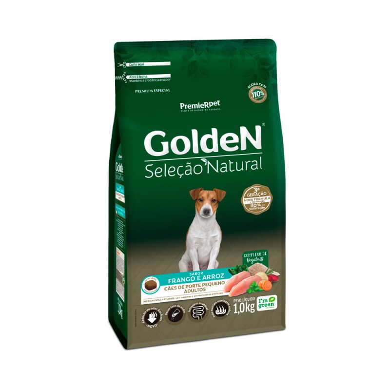Ração Golden Seleção Natural Mini Bits para Cães Adultos de Porte Pequeno Sabor Frango e Arroz 1KG