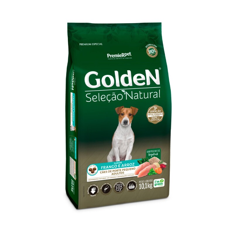 Ração Golden Seleção Natural Mini Bits para Cães Adultos de Porte Pequeno Sabor Frango e Arroz 10,1 KG