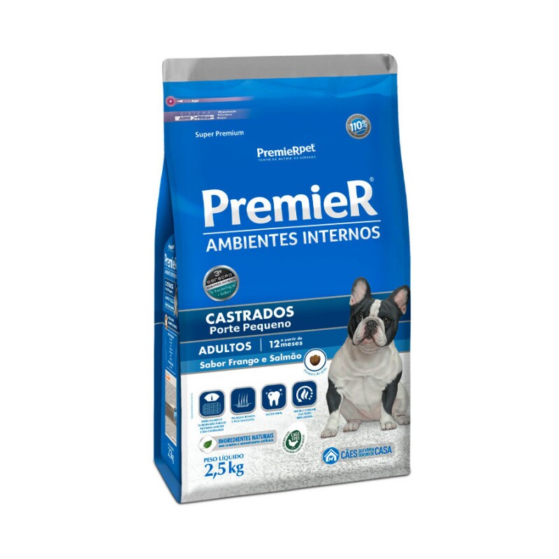 Ração Premier Ambientes Internos para Cães Adultos Castrados Sabor Frango e Salmão 2,5KG