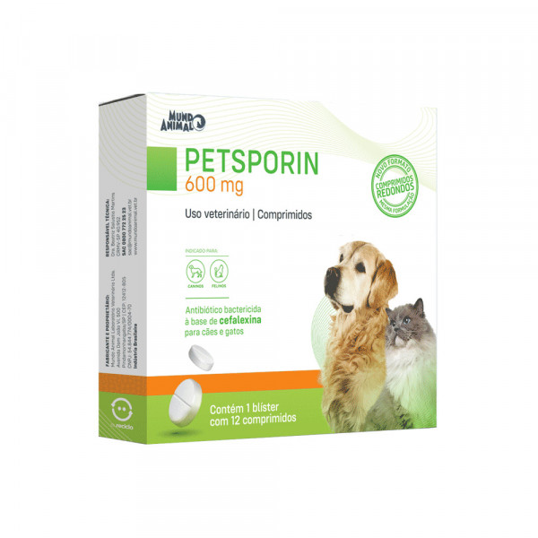 Petsporin 600mg Antibiótico para Cães e Gatos 12 comprimidos