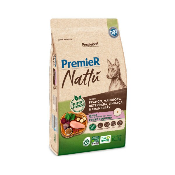 Ração Premier Nattú Cães Sênior Porte Pequeno Mandioca 10,1Kg