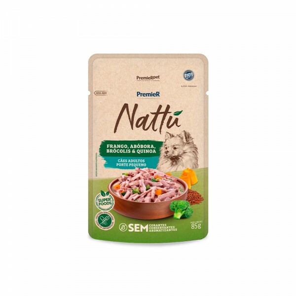 Ração Úmida Premier Nattu Sachê Cães Adultos Porte Pequeno Frango, Abóbora, Brócolis e Quinoa 85g