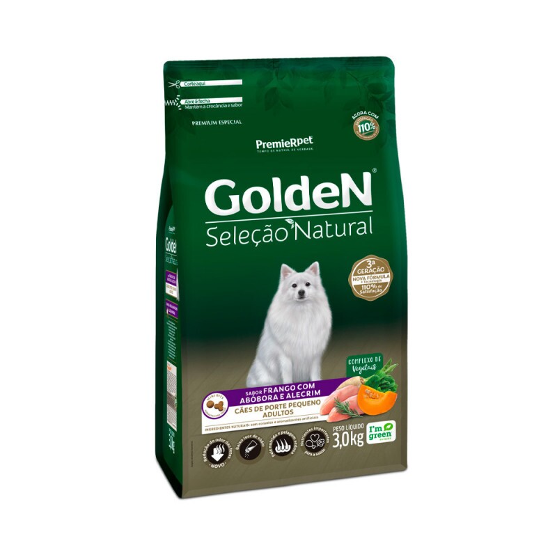Ração Golden Seleção Natural para Cães Adultos de Porte Pequeno Sabor Frango com Abóbora e Alecrim 3KG