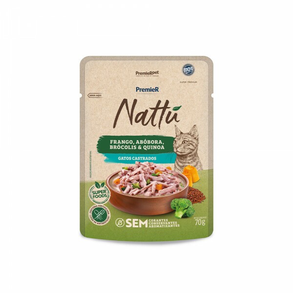 Ração Úmida Premier Nattu para Gatos Castrados Sabor Frango, Abóbora, Brócolis e Quinoa 70 g