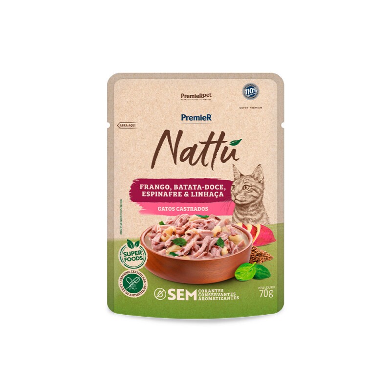 Ração Úmida Premier Nattu Gatos Castrados Frango e Batata-Doce 70 g