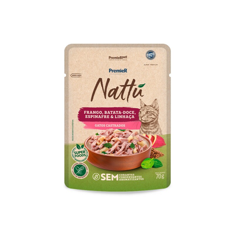 Ração Úmida Premier Nattu Gatos Castrados Frango e Batata-Doce 70 g