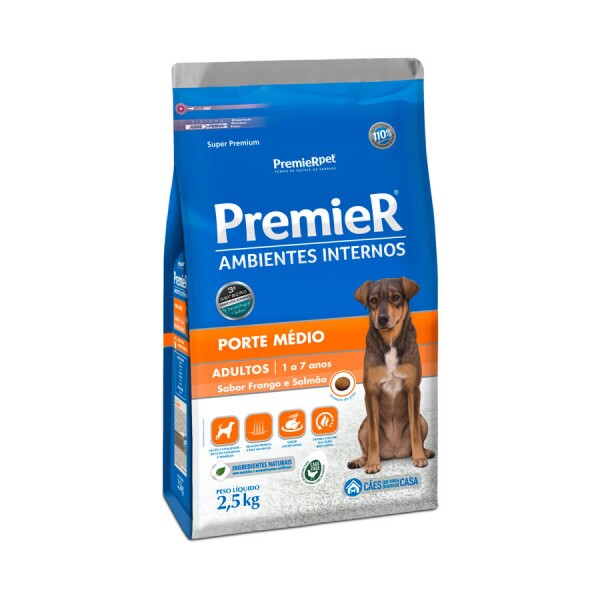 Ração Premier Ambientes Internos para Cães Adultos de Médio Porte Sabor Frango e Salmão 2,5KG