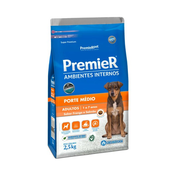 Ração Premier Ambientes Internos para Cães Adultos de Médio Porte Sabor Frango e Salmão 2,5KG