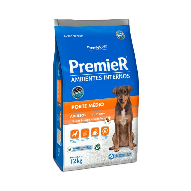 Ração Premier Ambientes Internos para Cães Adultos de Médio Porte Sabor Frango e Salmão 12KG