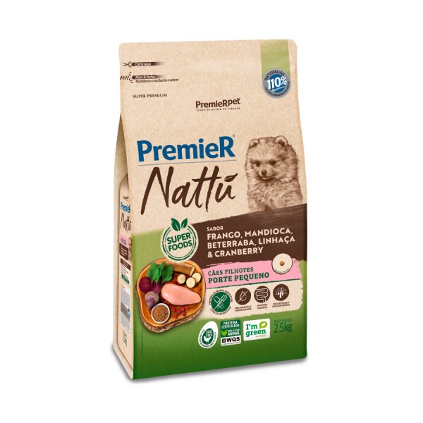 Ração Premier Nattu para Cães Filhotes de Raças Pequenas Sabor Mandioca 2,5 KG