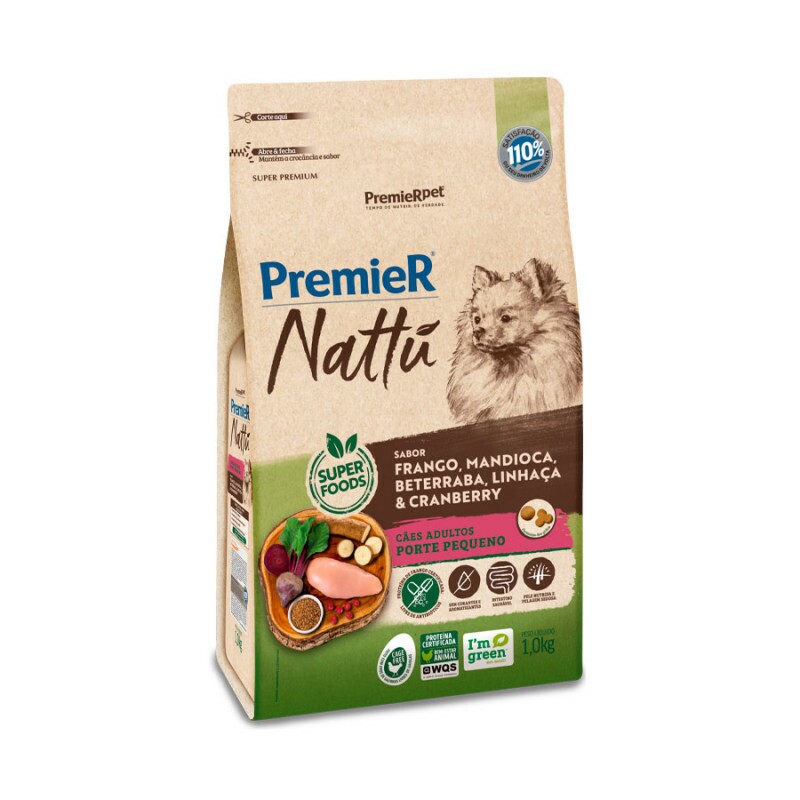 Ração Premier Nattu para Cães Adultos de Raças Pequenas Sabor Mandioca 1 KG