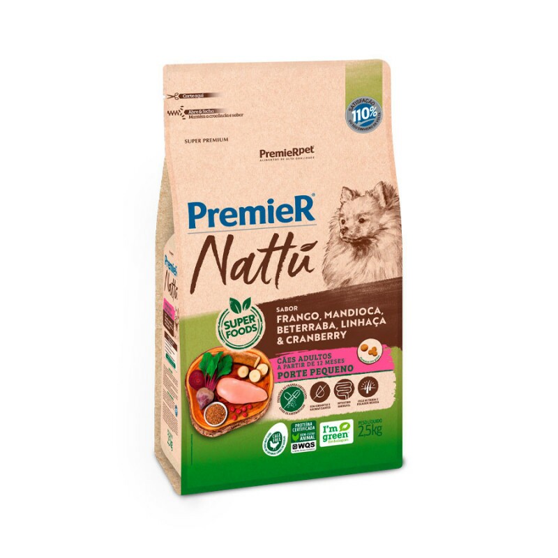 Ração Premier Nattu para Cães Adultos de Raças Pequenas Sabor Mandioca 2,5 KG