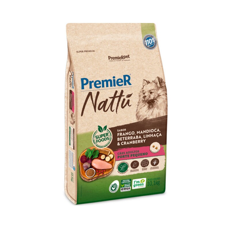 Ração Premier Nattu para Cães Adultos de Raças Pequenas Sabor Mandioca 10,1 KG
