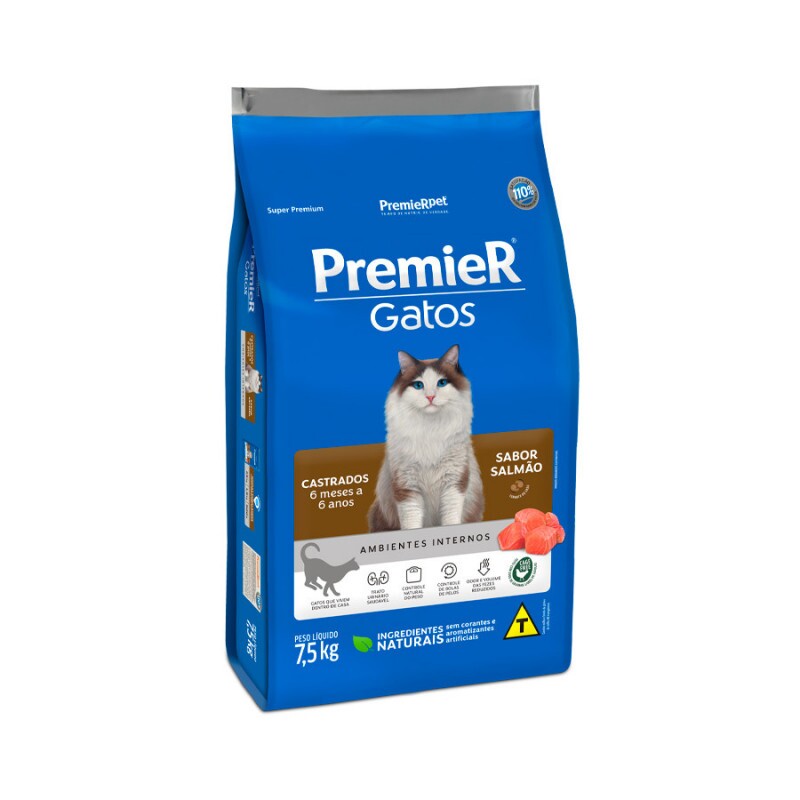 Ração Premier Ambientes Internos Gatos Castrados 6 Meses a 6 Anos Salmão 7,5KG