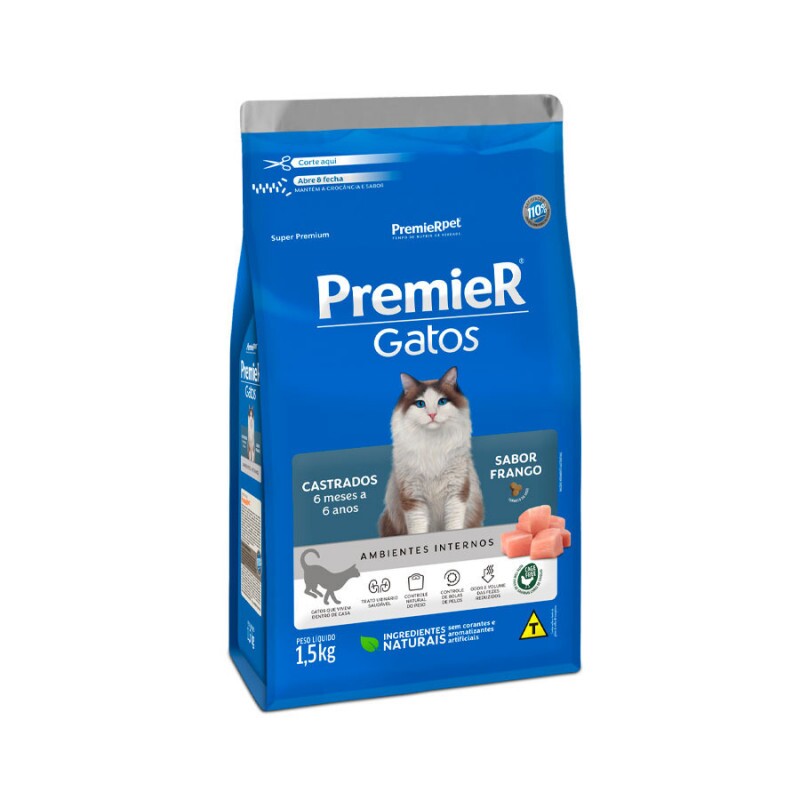 Ração Premier Ambientes Internos Gatos Castrados 6 Meses a 6 Anos FRAN 1,5KG