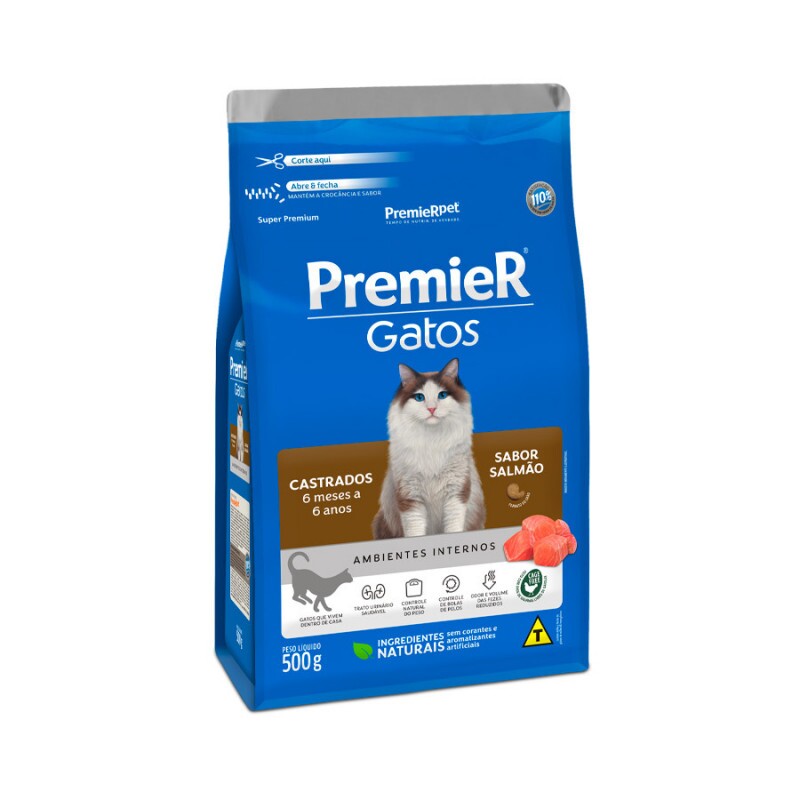 Ração Premier Ambientes Internos Gatos Castrados 6 Meses a 6 Anos Salmão 500 g