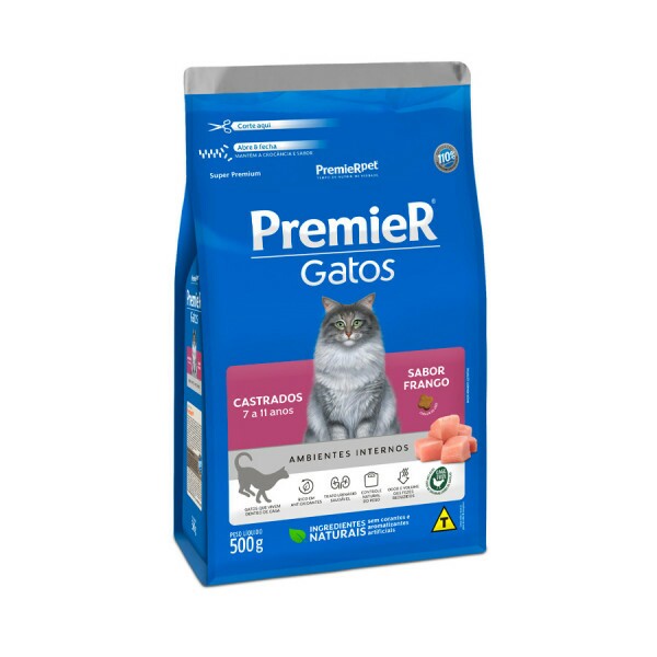 Ração Premier Ambientes Internos Gatos Castrados 7 a 11 Anos Frango 500 g