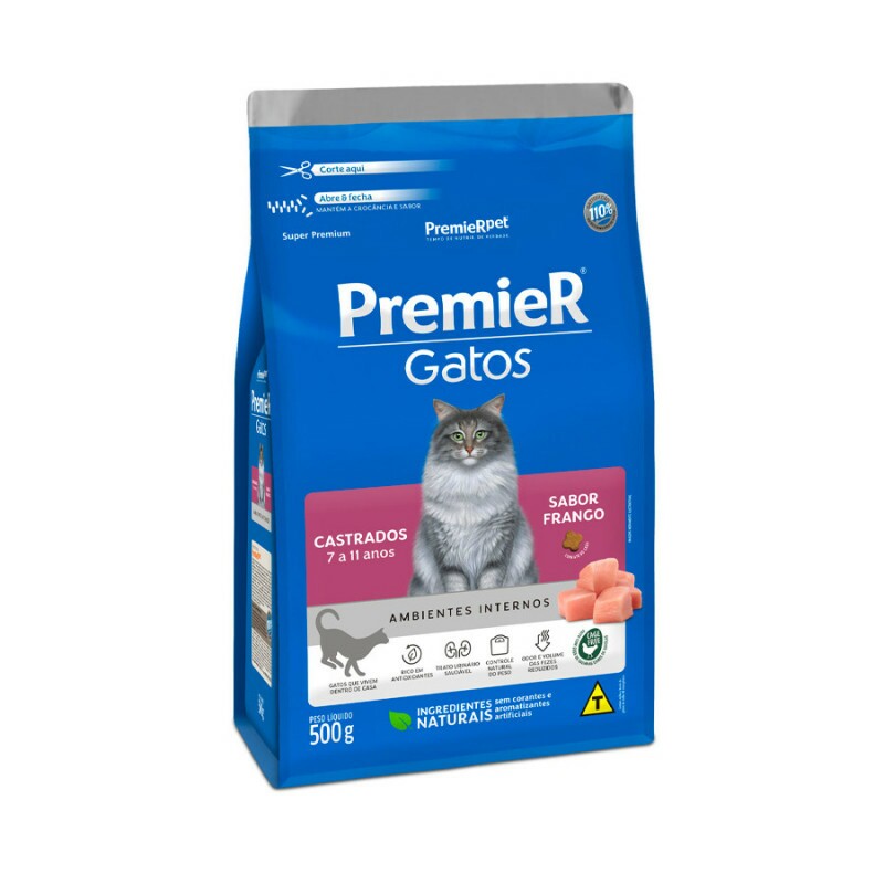 Ração Premier Ambientes Internos Gatos Castrados 7 a 11 Anos Frango 500 g