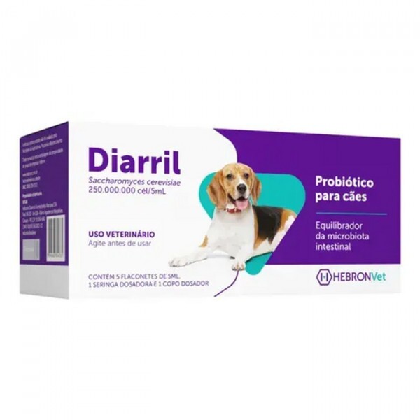 Probiótico Diarril Hebron Vet para Cães com 5 flaconetes de 5 mL cada