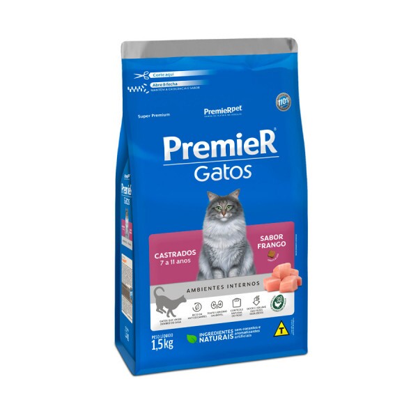 Ração Premier para Gatos Castrados de 7 a 11 anos Sabor Frango 1,5KG