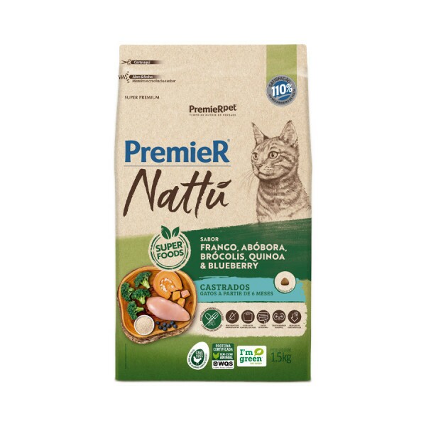 Ração Premier Nattu Gatos Adultos Castrados Abóbora 1,5 kg