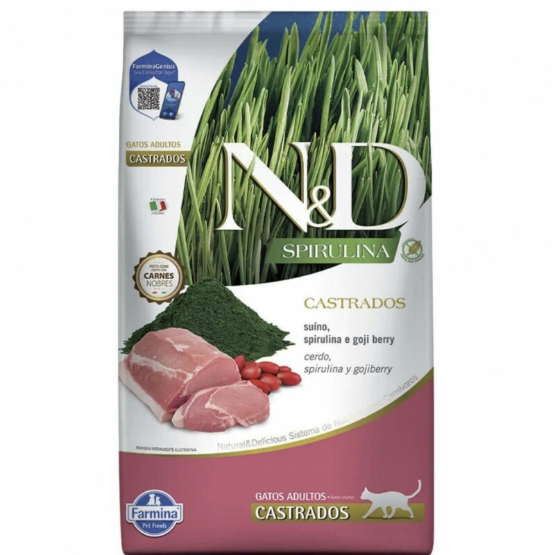 Ração N&D Spirulina Gatos Adultos Castrados Suíno 7 KG