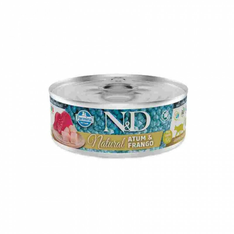 RAÇÃO ÚMIDA N&D GATOS LATA NATURAL ATUM E FRANGO 70G